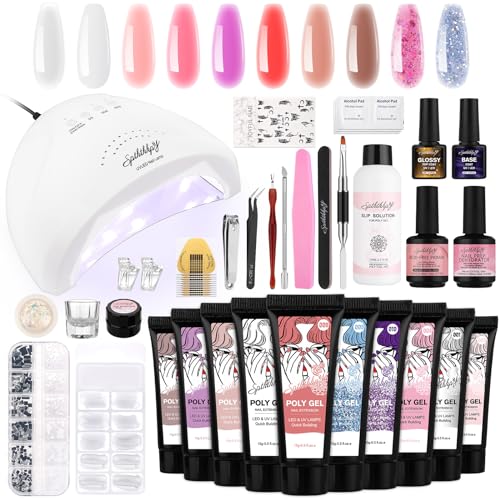 Poly Uñas Gel Kit, SPTHTHHPY 10 Colores Básicos 15ml Kit de Extensión de Uñas Gel con 48W LED Lámpara, Kit Uñas de Gel con Pegatinas para Uñas DIY en Casa