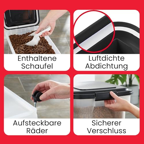 Iris Ohyama Hundefutter Aufbewahrung mit Rollen, 45L+20L, Schwarz, Luftdichte Futterbox, Trockenfutter, Futterbehälter, Für Hunde, Katzen, Tierfutterbehälter, Schaufel, BPA-frei, Futtertonne, ATS-C