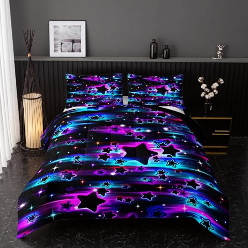 Image of Nttopship Colorful Sky Meteor Stars Comforter Set King Size,Beautiful Galaxy Bedding Sets 3-Pieces for Boys Girls Teen Room Decorat, Soft Lightweight Bed Set with Comforter 2 Pillowcases