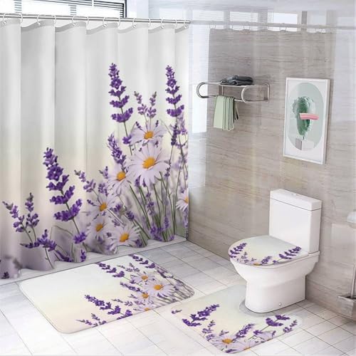 Lavender Flower Print Four Piece Bathroom Set 183 * 183cm Shower Curtain, Non-Slip Floor Mats, U-Shaped Mat, and Toilet Lid Cover