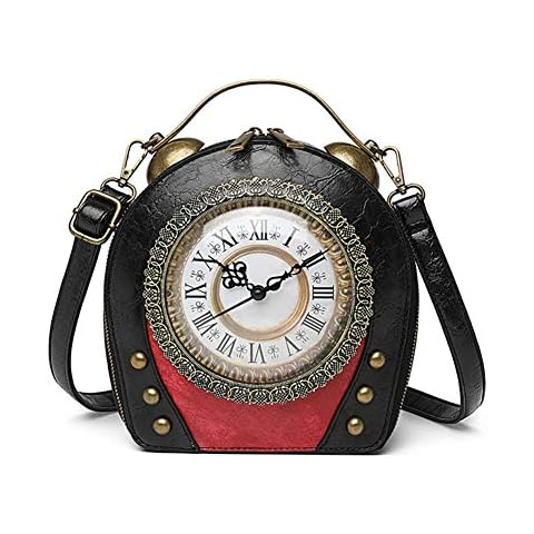 Real Working Clock Handbags Antique Clock Design Women Evening Cross Body Shoulder Bag, Pu Leather Retro Vintage Steampunk Style Cross Body Messenger Bag for Women Girls,Official Prim & Peach (Black) Cover