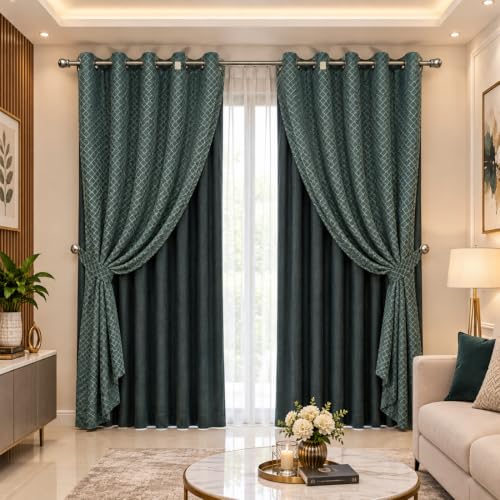 Image of Double Curtains 2 in 1 Embroidery Transparent Curtain with 80% Blackout Curtain Best for Every Interior Living Room(D Gray, 8 feet 2piece)