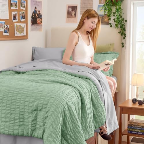 Image of HYMOKEGE Sage Green /Light Grey Twin XL Comforter Set Seersucker 5 Pieces, All Season Luxury Bed in a Bag for Bedroom, Bedding Set with Comforter, Sheets, Pillowcase & Sham