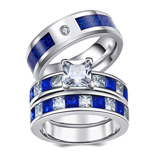 3pc Couple Ring Bridal Sets Women White Gold Plated Blue Sapphire Cz Man Titanium Band Wedding Ring for Him and Her