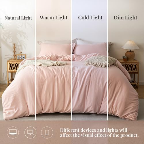Image of MILDLY Duvet Cover 90 inchx98 inch Ultra Soft Comforter Cover Set 3pcs, Pink | Washed Microfiber Cotton-Like, Breathable Comfort, Hidden Zipper, 8 Corner Ties, OEKO-TEX Certified, Fade Resistant