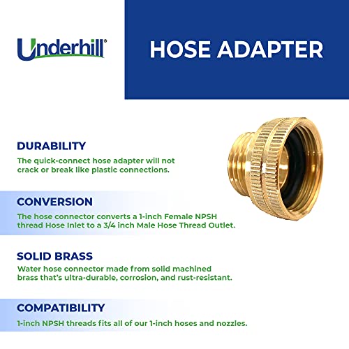 Underhill Garden Hose Adapter Connector Heavy-Duty, Solid Brass Fittings Female To Male Adapter, 1-Inch Female Hose Thread X 3/4-Inch Male Hose Thread, A-Ba107Fm #TOP2