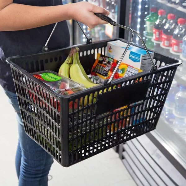 Black Plastic Shopping Basket with Steel Handles, 18 11/16 x 12 3/8 Inch, 32L Capacity, 55 lb Weight Limit, Stackable Design for Grocery Market