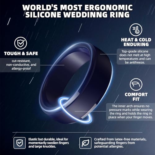 Image of Egnaro Men's Silicone Wedding Rings: Classic Black Step Edge Rubber band 10mm Wide 2.5mm Thick- Hypoallergenic for Gym /Outdoor /Gift(1 /4 /7 Variety Pack with Half Size)
