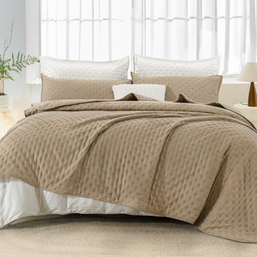 Image of Andency Beige Queen Size Quilt Bedding Set (90x96 Inch), 3 Pieces Soft Lightweight Bedspread Coverlet, Boho Summer Quilt Queen Size for All Season