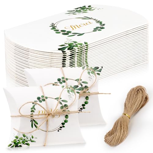 Lot de 25 Boîtes Dragées Mariage en forme de Coussin Boite Dragees Bapteme Comprend une Corde en Chanvre Boite Bonbon Contenant Dragées pour Mariage Fête...