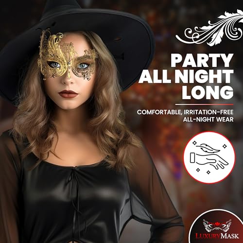 Image of Metal Filigree Masquerade Mask for Women - Swan Style Mask with Rhinestones for Mardi Gras, Prom, Halloween & Venetian Party