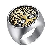 INRENG Men's Stainless Steel Tree of Life Ring Vintage Classic Round Signet Biker Band Christmas Wedding Rings Polished Silver Gold Size 10