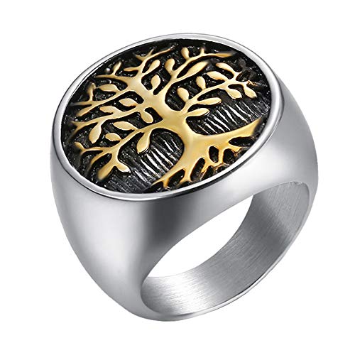 INRENG Men's Stainless Steel Tree of Life Ring Vintage Classic Round Signet Biker Band Christmas Wedding Rings Polished Silver Gold Size 10