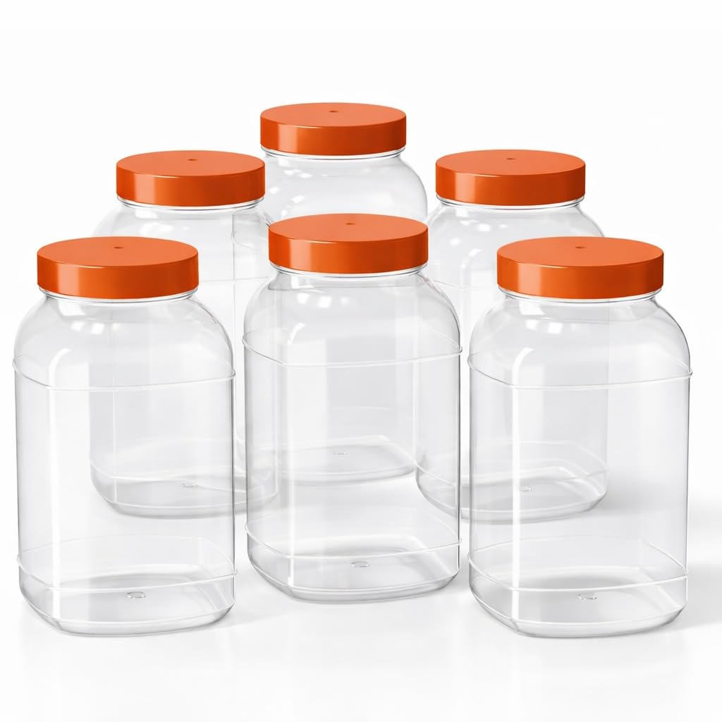 Truenova Plastic Storage Jars Set of 6 x 4.5L Extra Large with Screw Top Lids – Food Grade BPA Free for Kitchen Storage & Garage Organisation (Orange)
