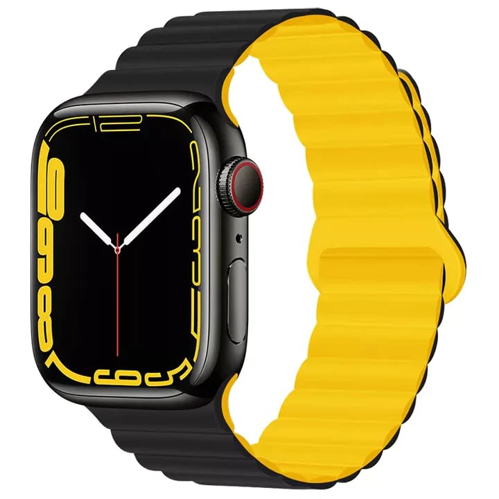 Image of Silicone Magnetic Band Compatible with Apple Watch 38mm 40mm 41mm 42mm 44mm 45mm 49mm, for Series Ultra 9 8 7 SE 6 5 4 3 2 1 Women Men |Watch Not Included (Black /yellow, 42mm /44mm /45mm /49mm)