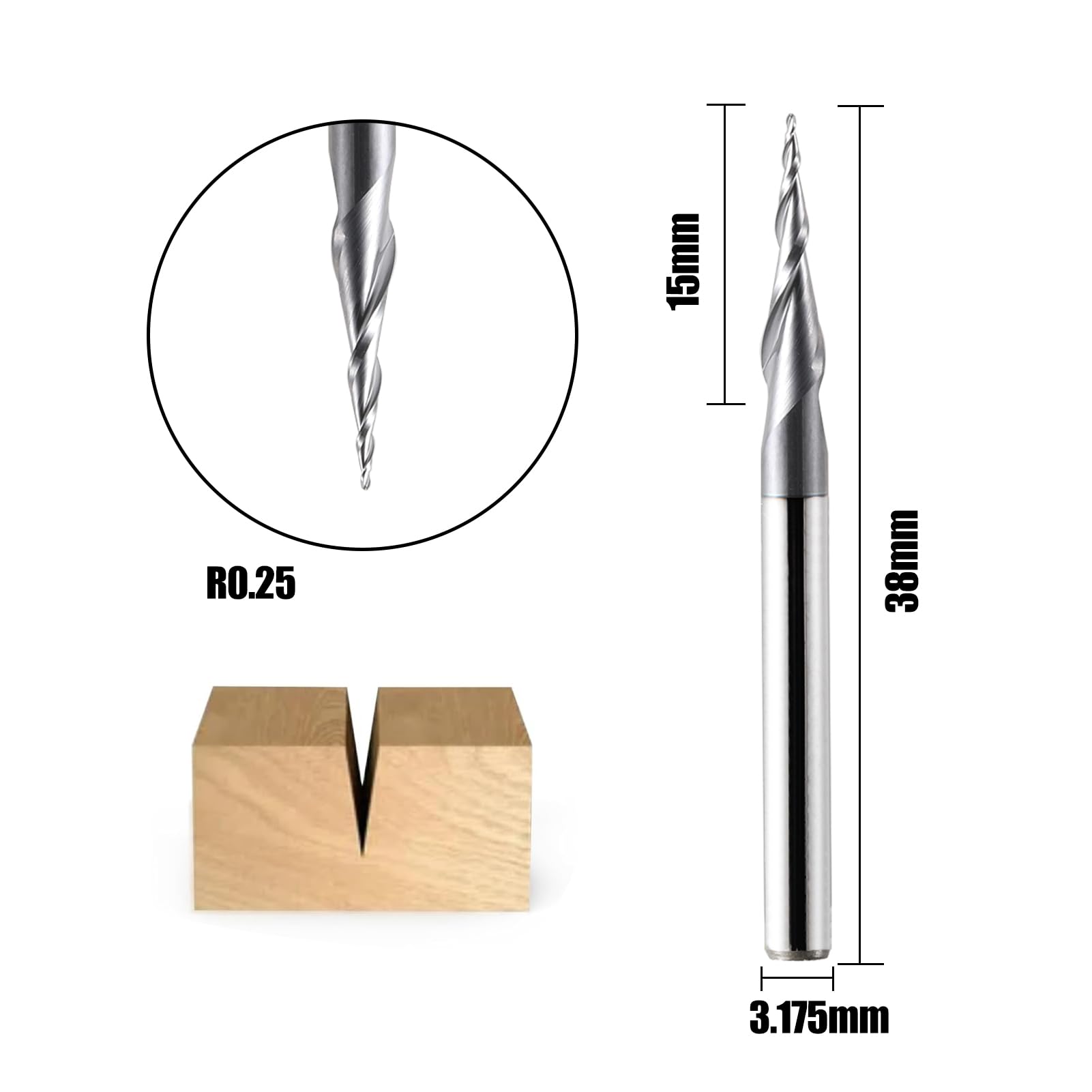 Lot de 2 fraises à tête sphérique à 2 flûtes avec pointe conique CNC R0,25 mm 3,175 mm (1/8") Fraise en carbure de tungstène pour défonceuse avec revêtement TiAlN pour gravure 2D et 3D