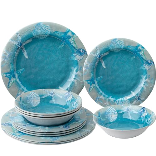 ZAROCRUS 12 PCS Melamine Dinnerware set Unbreakable Coastal Plates and Bowls Set Lightweight Chip Resistant Oceanic Dishes Set Service for 4 Great for Camper RV Indoors Outdoors Use