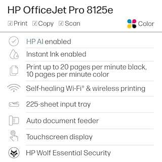 HP OfficeJet Pro 8125e Wireless All-in-One Color Inkjet Printer, Print, scan, Copy, ADF, Duplex Printing Best-for-Home Office, 3 Month Instant Ink Trial Included, AI-Enabled (405T6A)