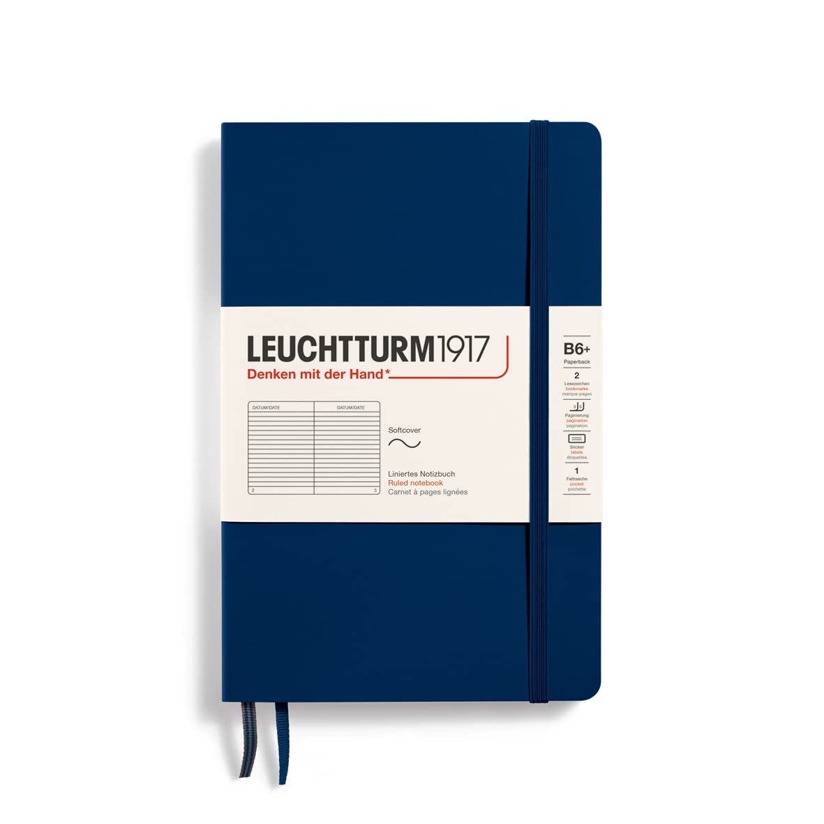 LEUCHTTURM1917 358317 Carnet Paperback (B6+), couverture souple, 123 pages numérotées, ligné, bleu marine