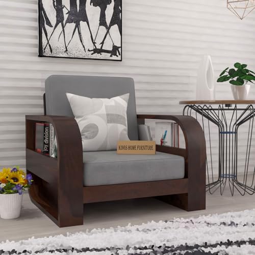 Image of Wooden 1 Seater Sofa Set for Living Room | One Seater Sofa for Office & Lounge | Sheesham Wood (1 Seater,Walnut Finish)