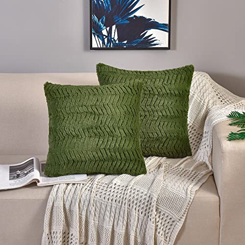 YUSOKI Luxury Faux Fur Throw Pillow Covers-18 x18,Set of 2-Decorative Fuzzy Fluffy Cozy Pillow Cases for Sofa Couch Bedroom Without Insert(Olive Green,18"x18")