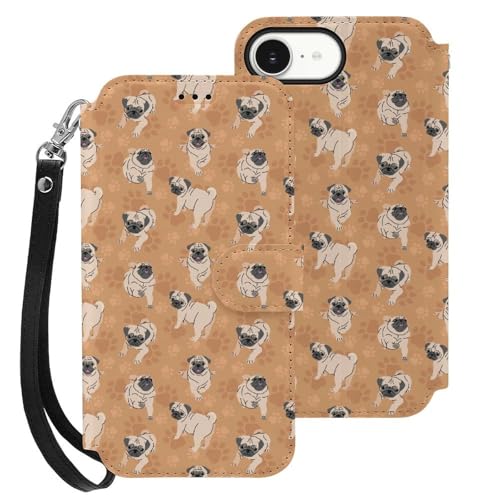 iPhone 16 E用ケース 手帳型 パグ犬 アイフォン16用ケース 財布型 カード収納 おしゃれ スマホケース 携帯ケース スタンド機能