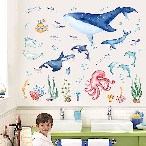 wondever Under The Sea Whale Wall Stickers Ocean Fish Dolphin Peel and Stick Wall Art Decals for Baby Nursery Kids Bedroom Bathroom - Image 4