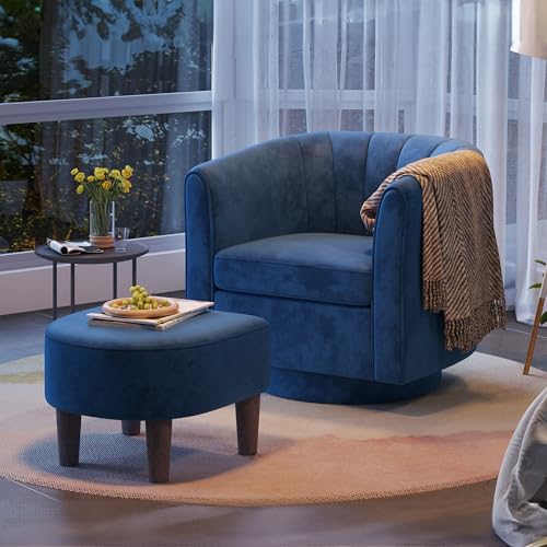 LINSY Swivel Accent Chair with Ottoman - Small Barrel Chair 360 Swivel Modern Armchair, Upholstered Reading Chair with Footrest for Living Room Bedroom Study Room, Velvet (Blue)