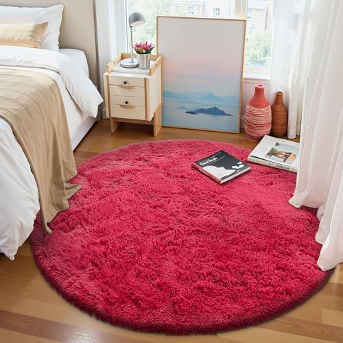 OLANLY Red Round Rugs for Bedroom - Machine Washable, 5 ft Circle Area Rugs for Living Room, Soft and Fluffy Shaggy Carpet for Teen Girls and Boys, Nursery Rooms, Dorms, Home Decor Aesthetic