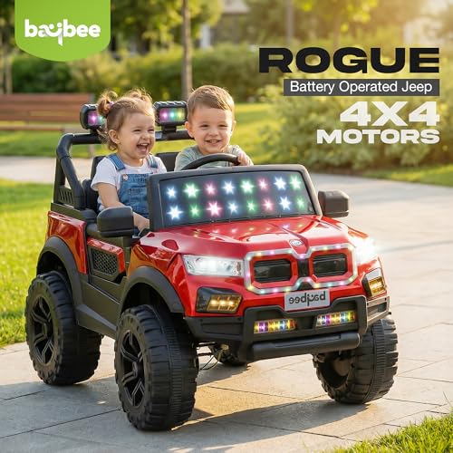 Image of Baybee RogueX Battery Operated Jeep for Kids with Parental Control | Baby Ride On Electric Car with RGB Lights, Music & Swing Mode | Rechargeable Battery Car for Kids 2 to 6 Years (Metallic Red)