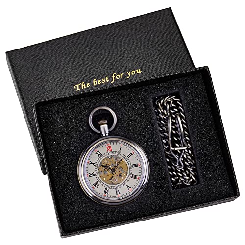 Image of Gold Uncovered Men's Mechanical Pocket Watch, Uncovered Roman Design Dial Chain Mechanical Pocket Watches for Men-Gold