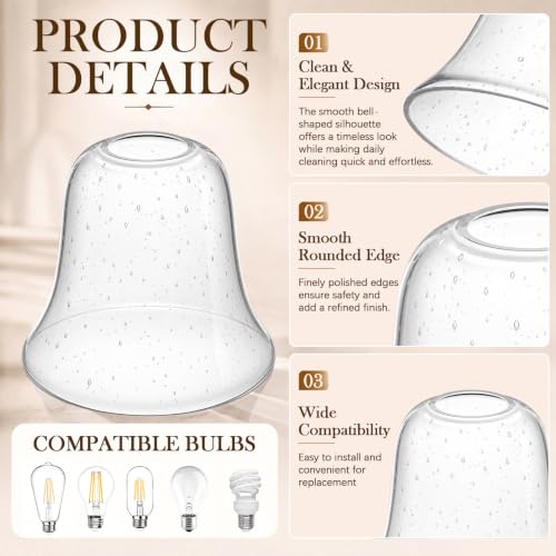Image of Teenyyou 6 Pcs Bubble Seeded Bell Shaped Glass Lamp Shade Replacement | Globe Ceiling Fan Light Cover with 1-5 /8'' (42mm) Fitter for Chandelier Wall Sconce Pendant Light Bathroom Vanity Fixture