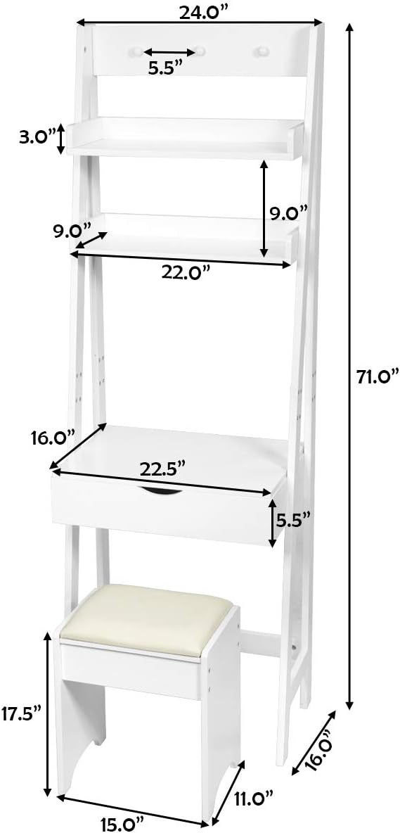 CHARMAID 3-in-1 Vanity Set with Flip Top Mirror, 6 Makeup Organizers, 2 Storage Shelves, 3 Hat Hooks Vanity Table Desk Bookshelf with Cushioned Stool, Ladder Makeup Vanity for Small Spaces, White