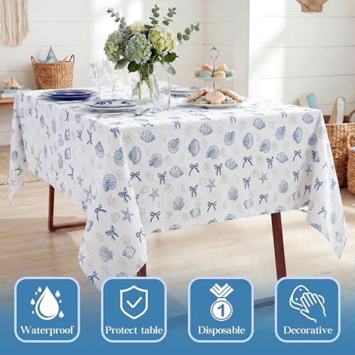 Image of Chumia 2 Pcs Coastal Tablecloth White and Blue Bachelorette Tablecloth Disposable Plastic Waterproof Table Covers Dinner Party Setting Floral Wedding Bridal Home Party(Rectangle Shell)