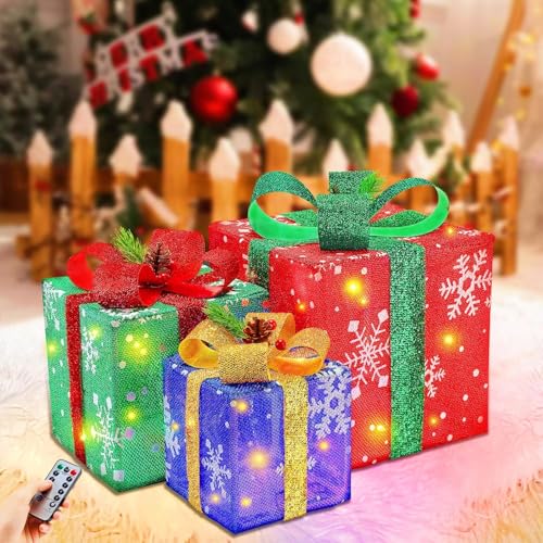Lightess Christmas Lighted Gift Boxes Set of 3, Decorations Christmas Battery Operated with Different Sizes, Light up Xmas Present Box Decorations for Yard, Home, Holiday Indoor Outdoor Decorations