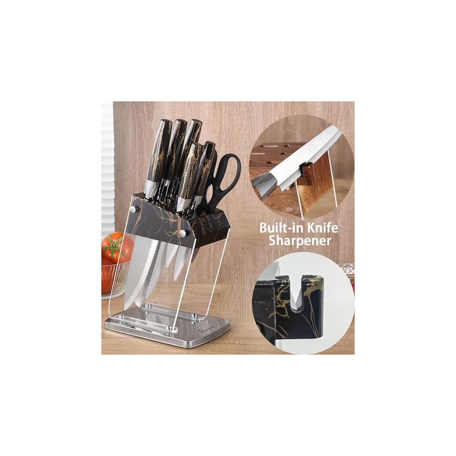 Kitchen-Knife-Set7-Piece-Sharp-Stainless-Steel-Knife-Set-with-Black-Grain-Acrylic-Patchwork-Transparent-Knife-Holderwith-Built-in-SharpenerChef-Knife-Dishwasher-Safe Kitchen Knife Set,7-Piece Sharp Stainless Steel Knife Set with Black Grain Acrylic Patchwork Transparent Knife Holder,with Built-in Sharpener,Chef Knife, Dishwasher Safe