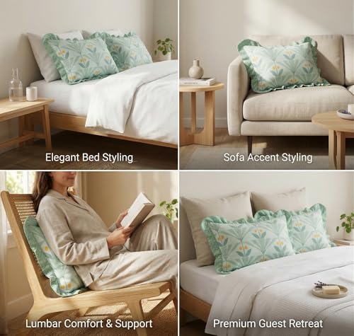Image of VAS COLLECTIONS Cotton Pillow Covers Set of 6 (18x28 Inch) Rectangular Throw Pillow Cases with Frill Border, Envelope Closure Cushion Covers for Living Room, Bedroom & Diwan (Retro Botanical)