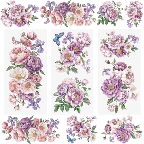 WANDIC 3 Hojas de Pegatinas de Flores para Muebles, Calcomanías de Transferencia de Ensueño Moradas Laminas Transfer para Gabinete Ventana de Álbumes de Recortes, 15 x 30 cm