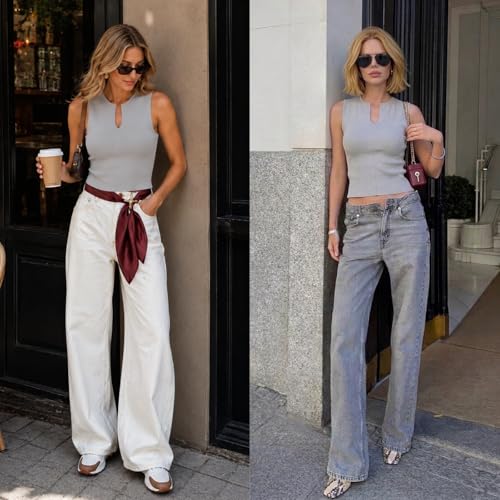 Image of Women Summer Sleeveless Sweater Vest Minimalist V-Slit Neck Slim Fit Pullover Tank