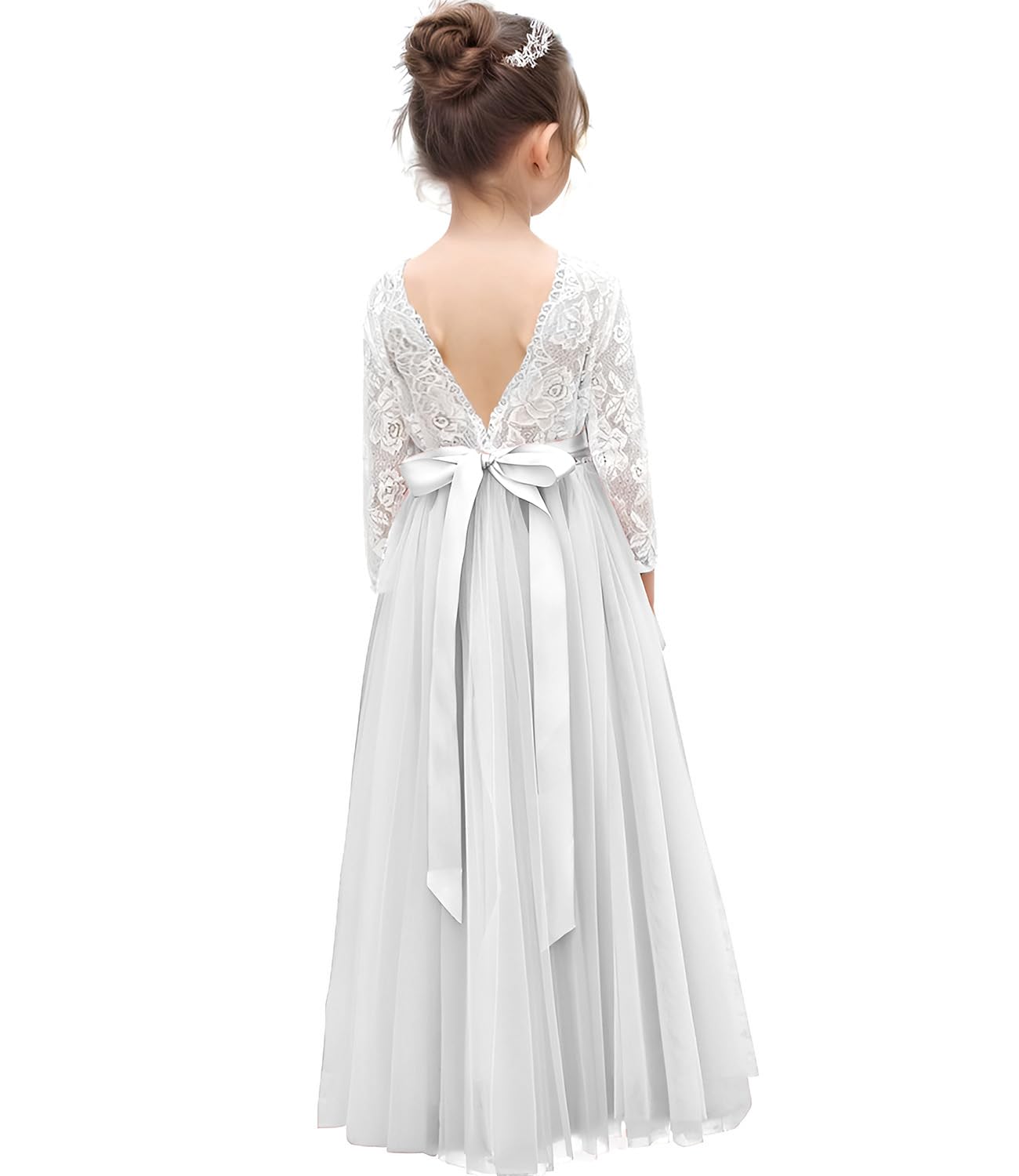 Aibaowedding Abito da bambina in pizzo con scollo a V, in tulle con fascia per la prima comunione, elegante abito lungo