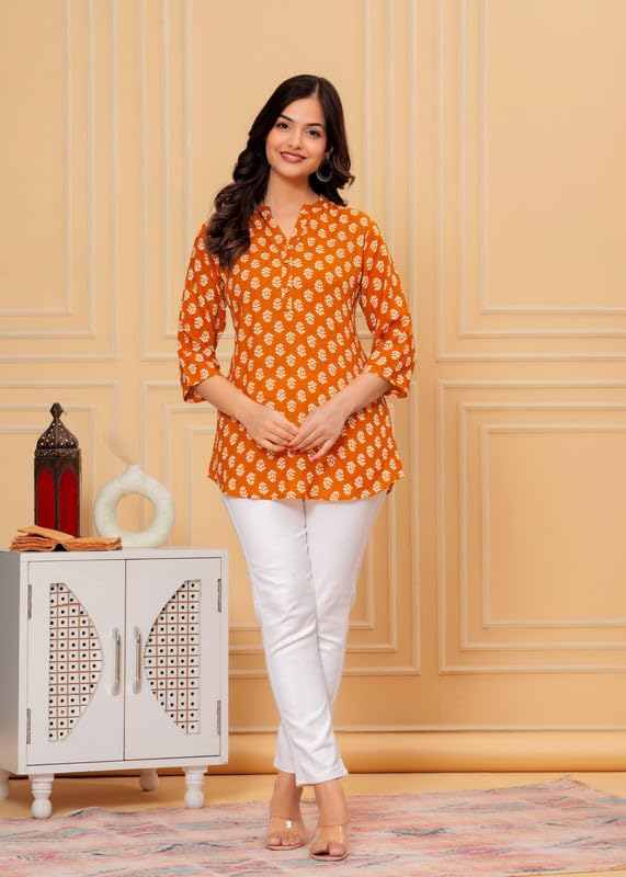 Image of Women's Cotton Printed Kurta Top | 3 /4 Sleeve Straight Kurti Casual Outings