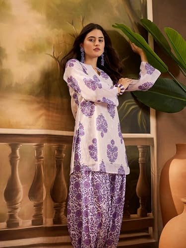 Image of EthnicJunction Women's Linen Floral Print Summer Wear Straight Short Kurti With farshi Salwar Set | Kurta Pant Set | Office wear Kurta Set | farsi salwar suit | raksha bandhan gift dress for women