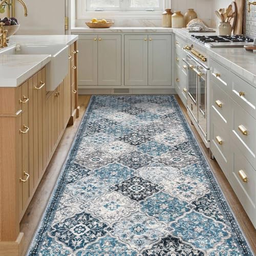KILOCOCO 3x8 Runner Rug, Moroccan Super Soft Washable Hallway Entryway Runner Rug, Accent Print Faux Wool Kitchen Runner Rug Non-Slip Runners Boho Rug Runners for Laundry Room Bedroom, Blue/Multi
