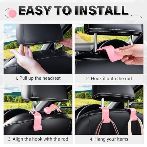 Image of SINGARO Universal 2 Pack Car Seat Headrest Purse Hook, Carbon Fiber Back Seat Hook Storage Organizer Hanger for Purse Handbag Coat, Car Interior Accessories(Pink)