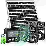 Solar-Powered Exhaust Fan with Battery & Smart Sensing – 25W Solar Panel, 2 * 4.7' Fans, 3 Modes, IP65 Waterproof | Ideal for Chicken Coop, Dog House, Shed, Greenhouse, Outside
