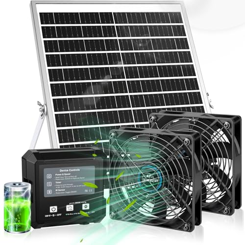 Solar-Powered Exhaust Fan with Battery & Smart Sensing – 25W Solar Panel, 2 * 4.7" Fans, 3 Modes, IP65 Waterproof | Ideal for Chicken Coop, Dog House, Shed, Greenhouse, Outside