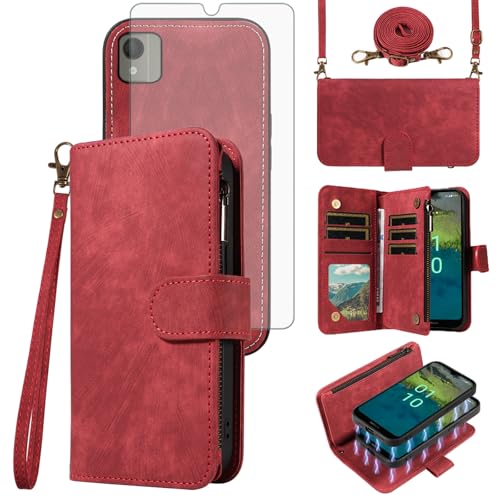 Étui Nokia C110 Asuwish avec portefeuille zippé et bandoulière amovible pour femme