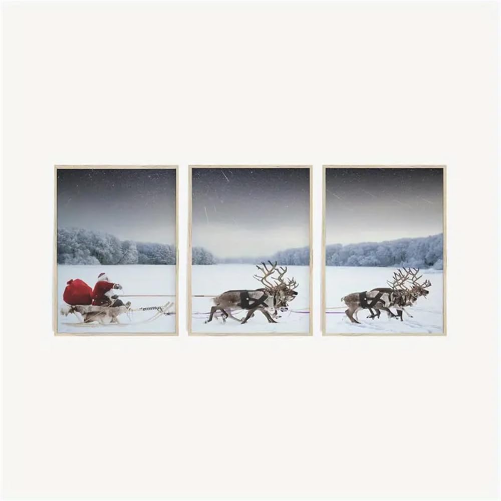 WBYZAC Botanical Posters-Canvas Poster Santa Sleigh Reindeer HolidayNordic Wall Art for Bedroom Living Room Corridor Wall Art Fall Room Decoration-60 * 80cm*3PCS (No Frame)