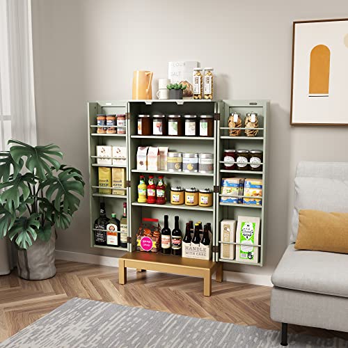 Holtico 45'' Kitchen Pantry Cabinet,Storage Cabinet With Doors And Adjustable Shelves,Food Pantry Cabinet For Kitchen,Dining Room,Living Room And Garage,Gold Lines And Legs,Green Cabinet. #TOP3
