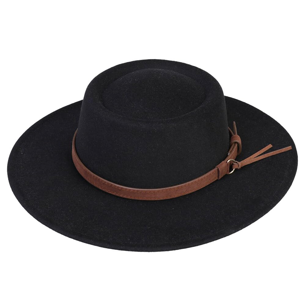 Black Classic Wide Brim Fedora Hat with Belt Buckle Panama Felt Hat Jazz Hat for Women Men